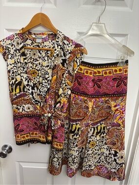 Nygard Collection 100% Silk Boho Two-Piece A-Line Skirt/Matching Wrap Tie Blouse